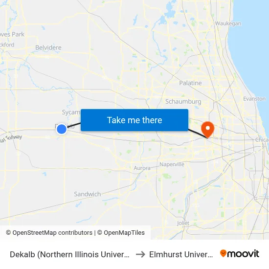 Dekalb (Northern Illinois University) to Elmhurst University map