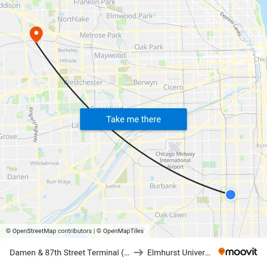 Damen & 87th Street Terminal (Se) to Elmhurst University map
