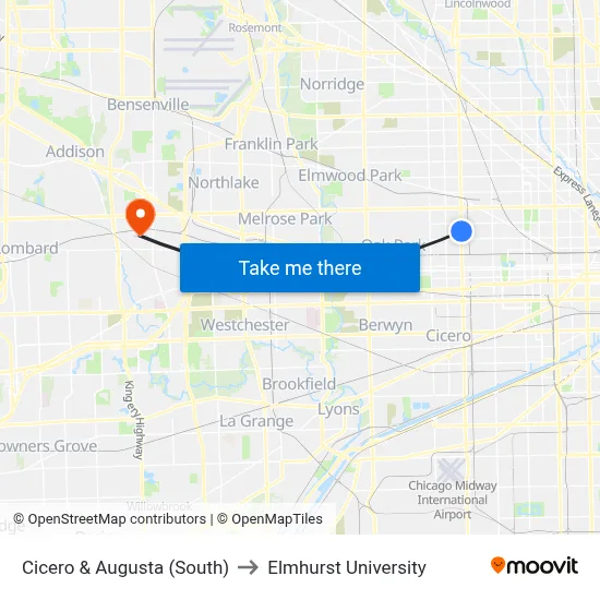 Cicero & Augusta (South) to Elmhurst University map