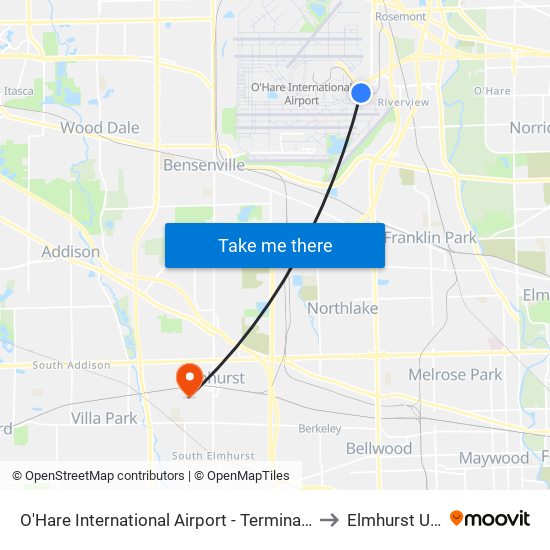 O'Hare International Airport - Terminal 5 Arrivals/Departures to Elmhurst University map