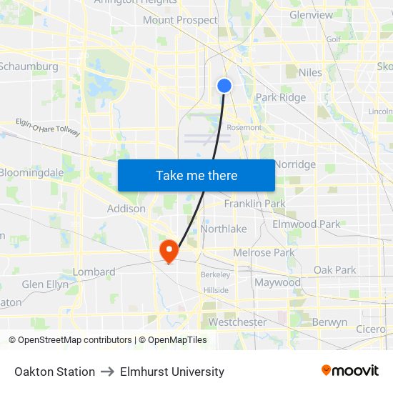 Oakton Station to Elmhurst University map