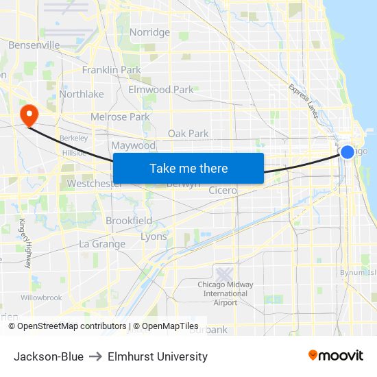 Jackson-Blue to Elmhurst University map
