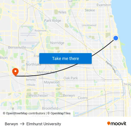 Berwyn to Elmhurst University map