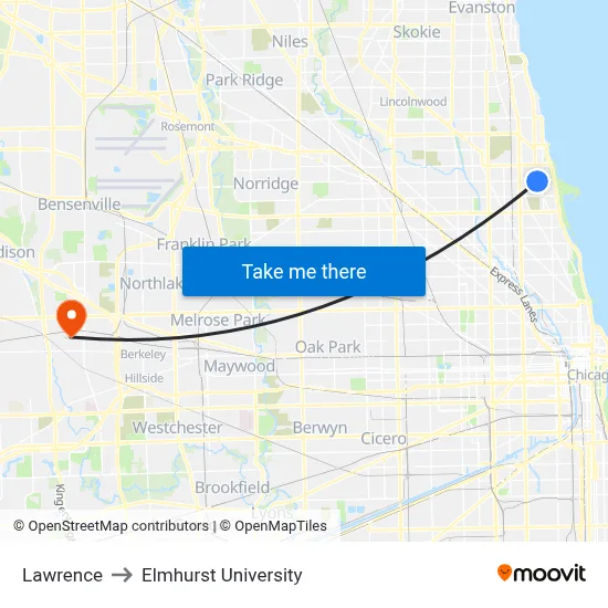 Lawrence to Elmhurst University map