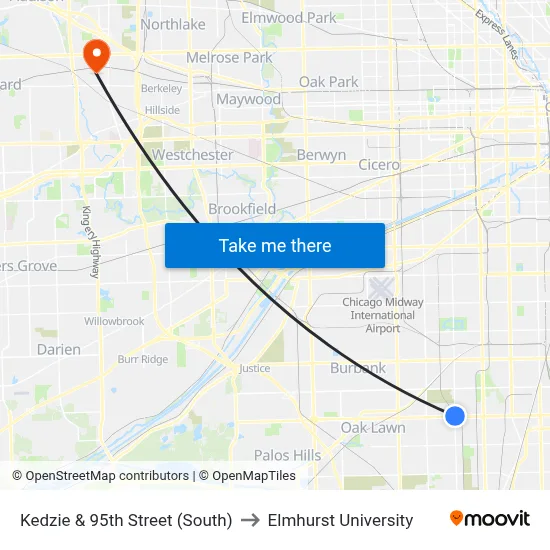 Kedzie & 95th Street (South) to Elmhurst University map