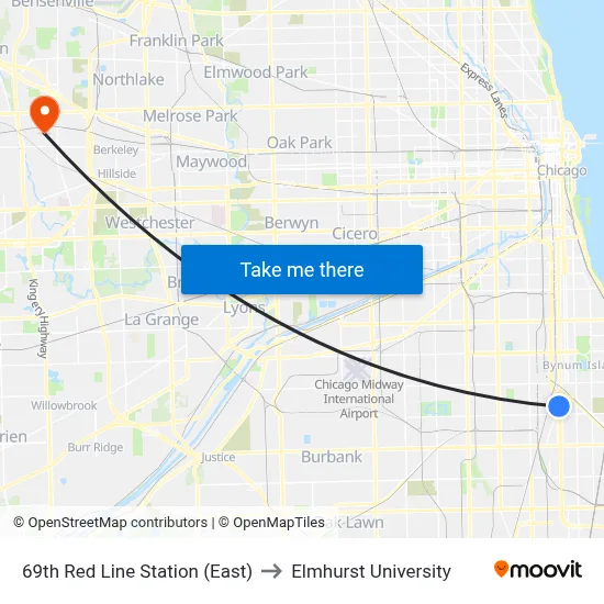69th Red Line Station (East) to Elmhurst University map