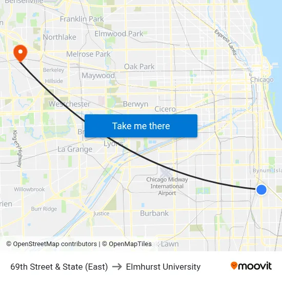 69th Street & State (East) to Elmhurst University map