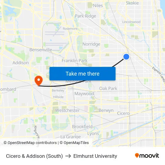 Cicero & Addison (South) to Elmhurst University map