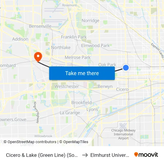 Cicero & Lake (Green Line) (South) to Elmhurst University map
