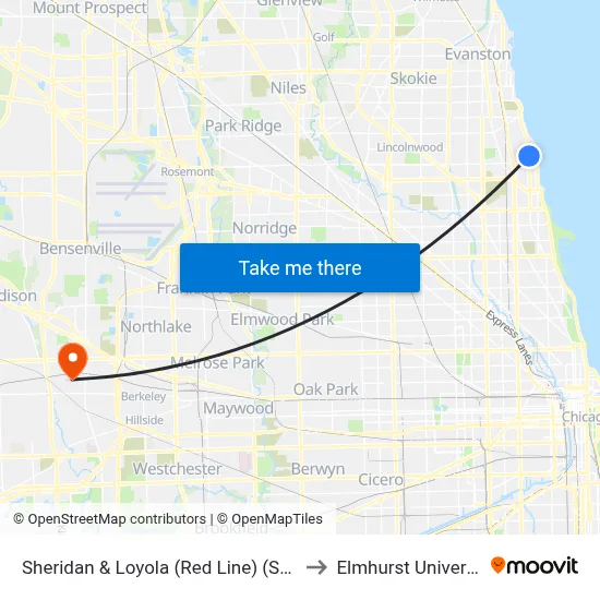 Sheridan & Loyola (Red Line) (South) to Elmhurst University map