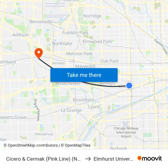 Cicero & Cermak (Pink Line) (North) to Elmhurst University map