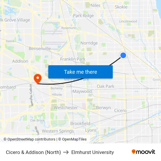 Cicero & Addison (North) to Elmhurst University map