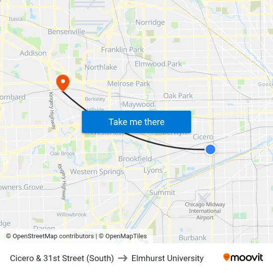 Cicero & 31st Street (South) to Elmhurst University map
