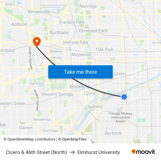 Cicero & 46th Street (North) to Elmhurst University map