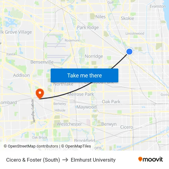 Cicero & Foster (South) to Elmhurst University map