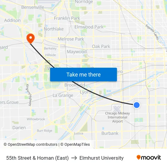 55th Street & Homan (East) to Elmhurst University map