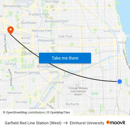 Garfield Red Line Station (West) to Elmhurst University map