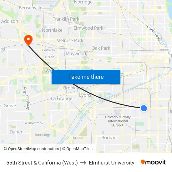 55th Street & California (West) to Elmhurst University map
