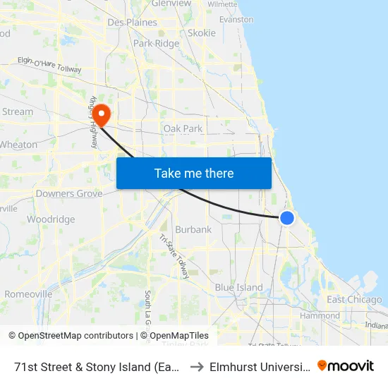 71st Street & Stony Island (East) to Elmhurst University map