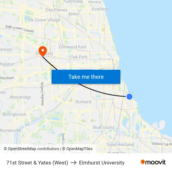71st Street & Yates (West) to Elmhurst University map