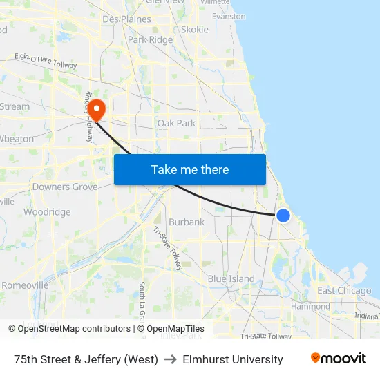75th Street & Jeffery (West) to Elmhurst University map