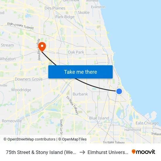 75th Street & Stony Island (West) to Elmhurst University map