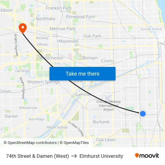 74th Street & Damen (West) to Elmhurst University map