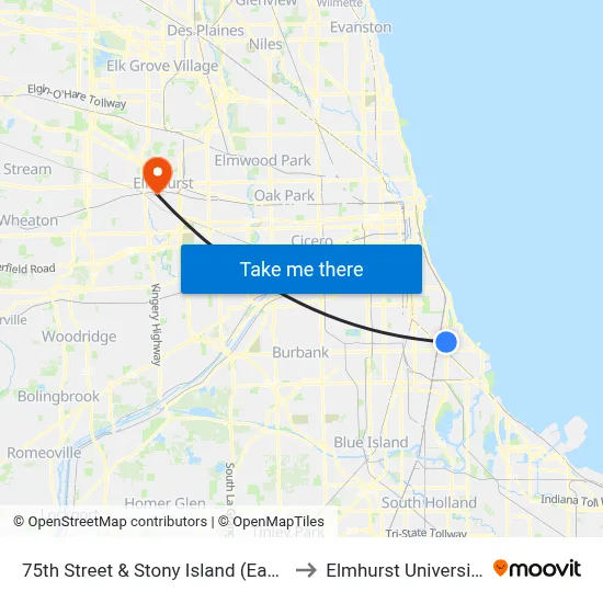 75th Street & Stony Island (East) to Elmhurst University map