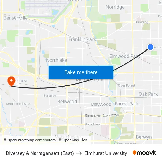 Diversey & Narragansett (East) to Elmhurst University map