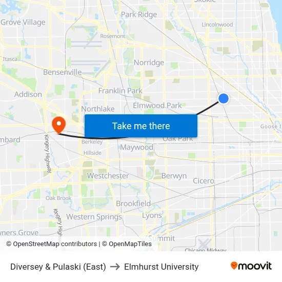 Diversey & Pulaski (East) to Elmhurst University map