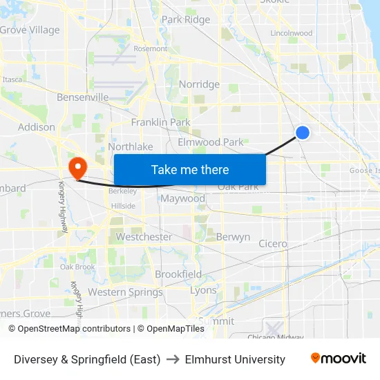 Diversey & Springfield (East) to Elmhurst University map