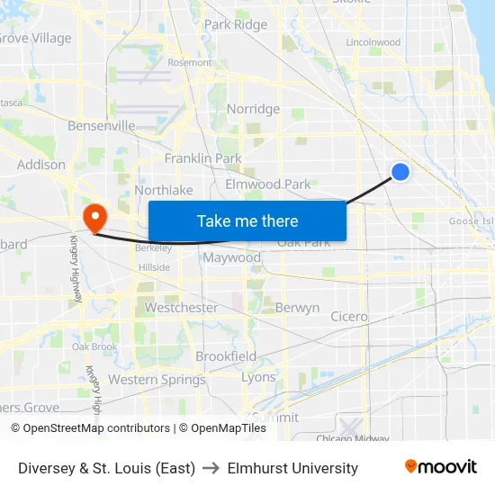 Diversey & St. Louis (East) to Elmhurst University map