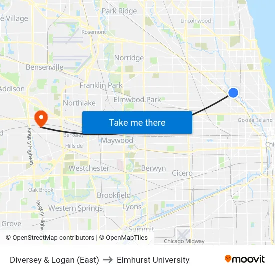 Diversey & Logan (East) to Elmhurst University map