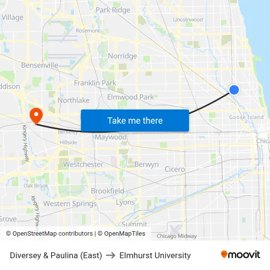 Diversey & Paulina (East) to Elmhurst University map