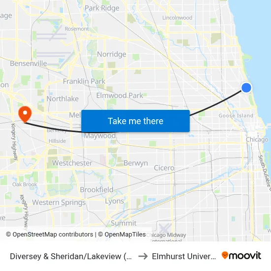 Diversey & Sheridan/Lakeview (East) to Elmhurst University map