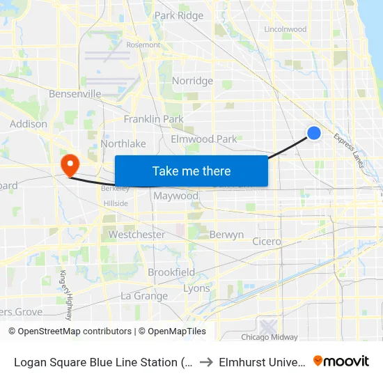 Logan Square Blue Line Station (South) to Elmhurst University map