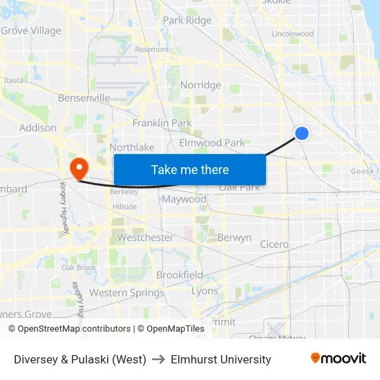 Diversey & Pulaski (West) to Elmhurst University map