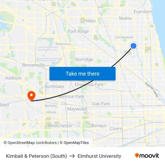 Kimball & Peterson (South) to Elmhurst University map