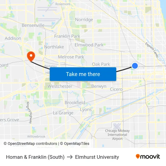 Homan & Franklin (South) to Elmhurst University map
