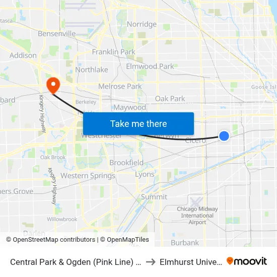 Central Park & Ogden (Pink Line) (South) to Elmhurst University map