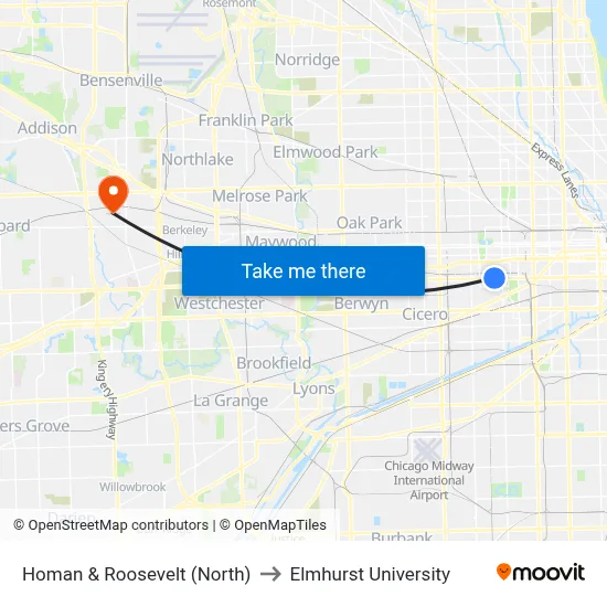 Homan & Roosevelt (North) to Elmhurst University map