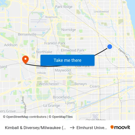 Kimball & Diversey/Milwaukee (North) to Elmhurst University map