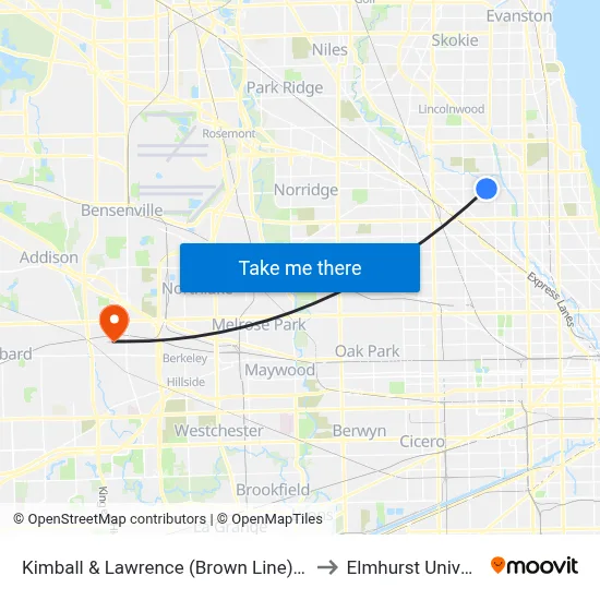 Kimball & Lawrence (Brown Line) (North) to Elmhurst University map