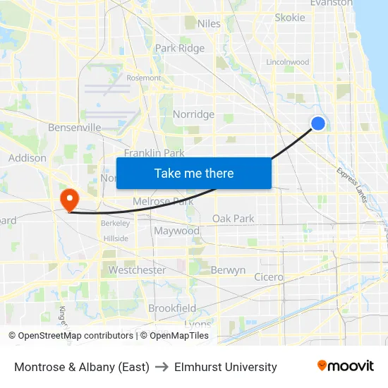 Montrose & Albany (East) to Elmhurst University map