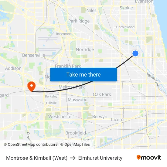 Montrose & Kimball (West) to Elmhurst University map