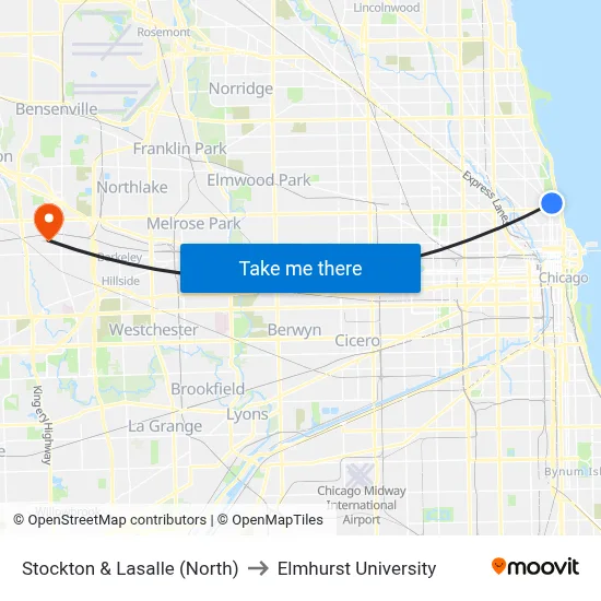 Stockton & Lasalle (North) to Elmhurst University map