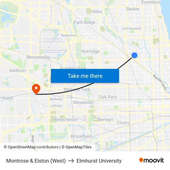 Montrose & Elston (West) to Elmhurst University map