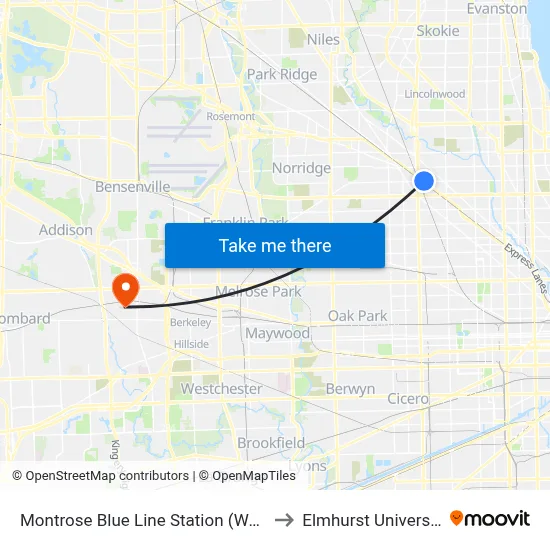 Montrose Blue Line Station (West) to Elmhurst University map