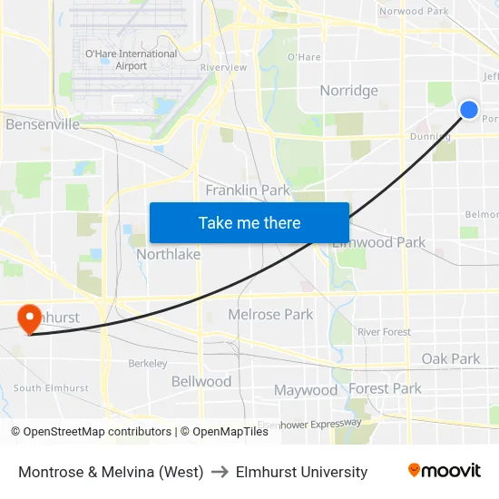Montrose & Melvina (West) to Elmhurst University map