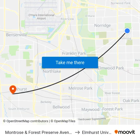 Montrose & Forest Preserve Avenue (West) to Elmhurst University map